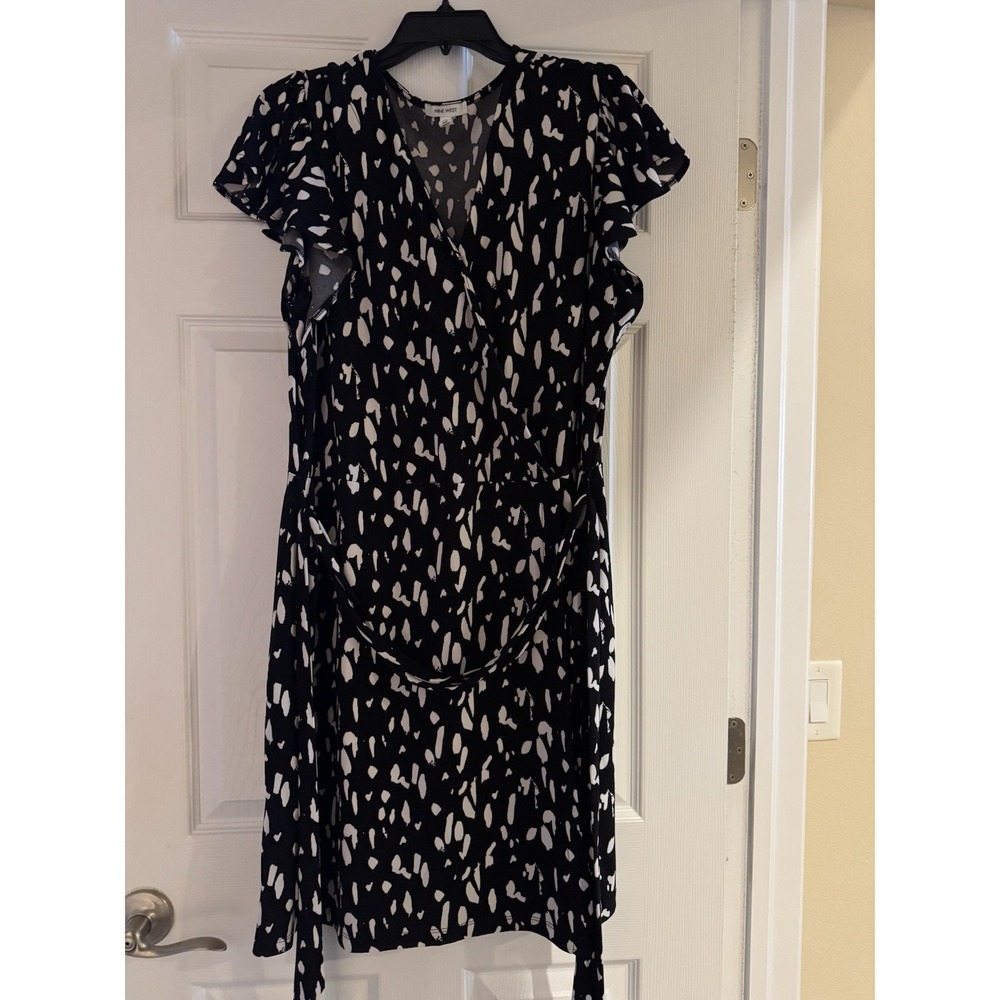 Women's NINE WEST Faux Wrap Dress Belted Size XL Black White EUC‎ Business Work